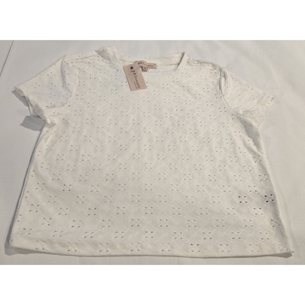 Philosophy Women's Short Sleeve Top White w/ All‎ Over Eyelet Detail Size Large